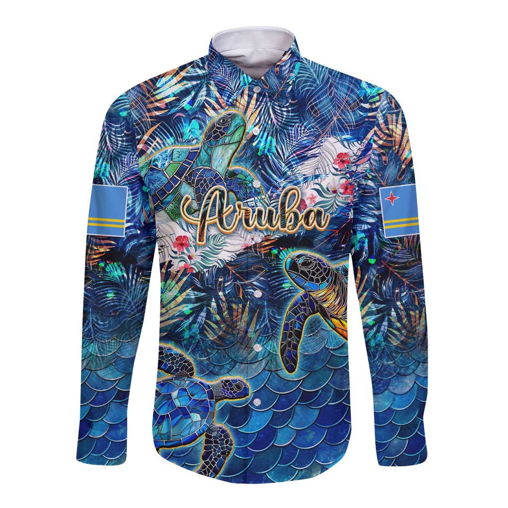 Aruba Long Sleeve Button Shirt Sea Turtle Tropical Pattern