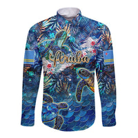 Aruba Long Sleeve Button Shirt Sea Turtle Tropical Pattern