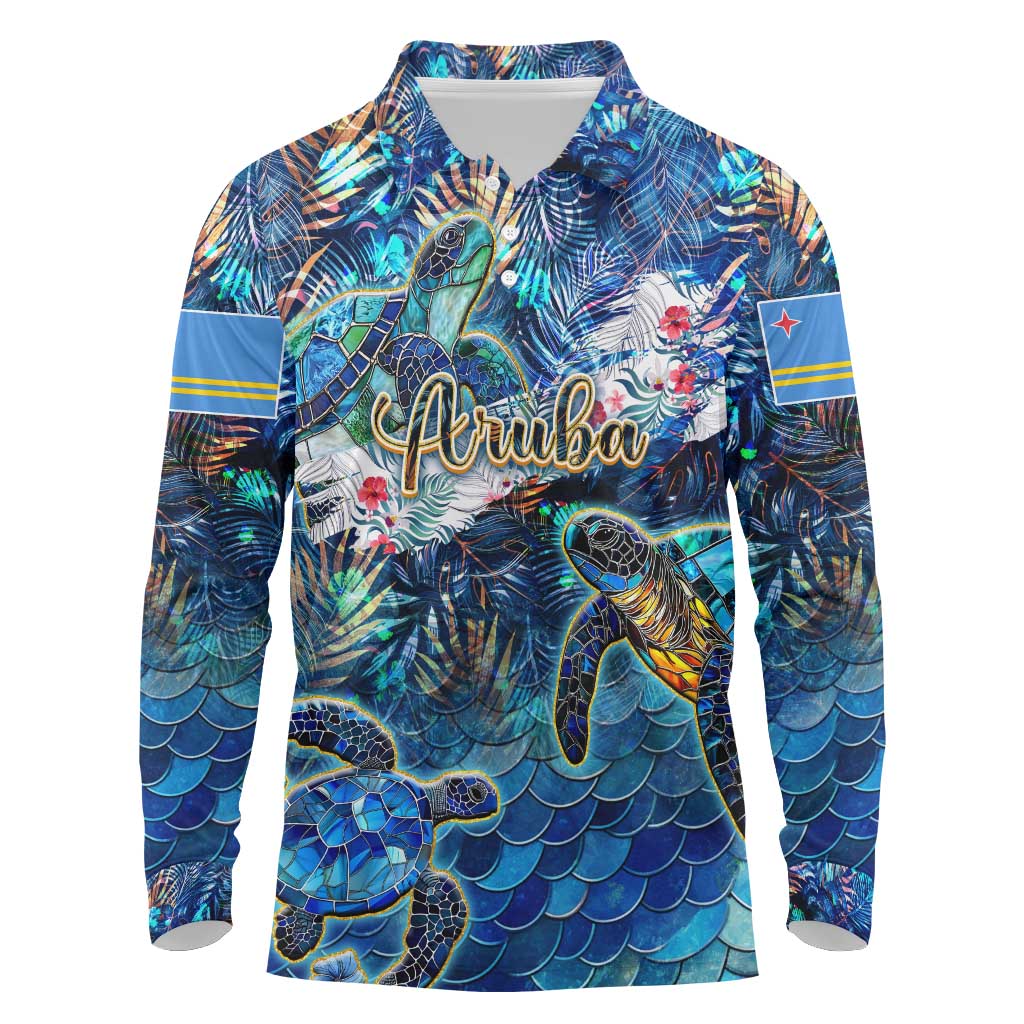 Aruba Long Sleeve Polo Shirt Sea Turtle Tropical Pattern - Wonder Print Shop