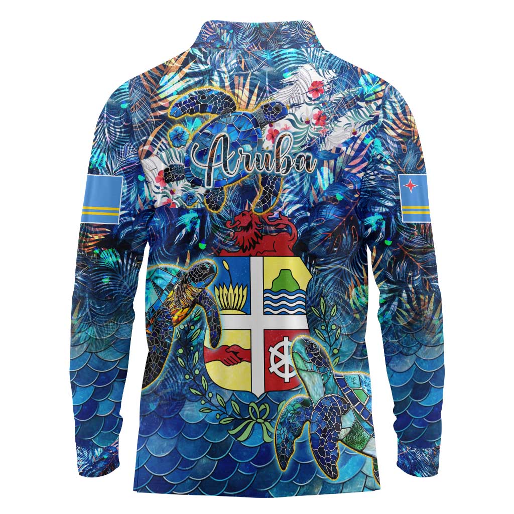Aruba Long Sleeve Polo Shirt Sea Turtle Tropical Pattern - Wonder Print Shop
