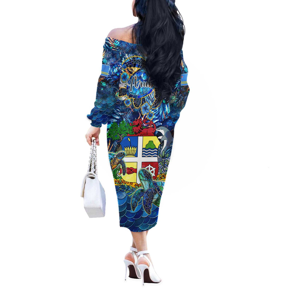 Aruba Off The Shoulder Long Sleeve Dress Sea Turtle Tropical Pattern - Wonder Print Shop