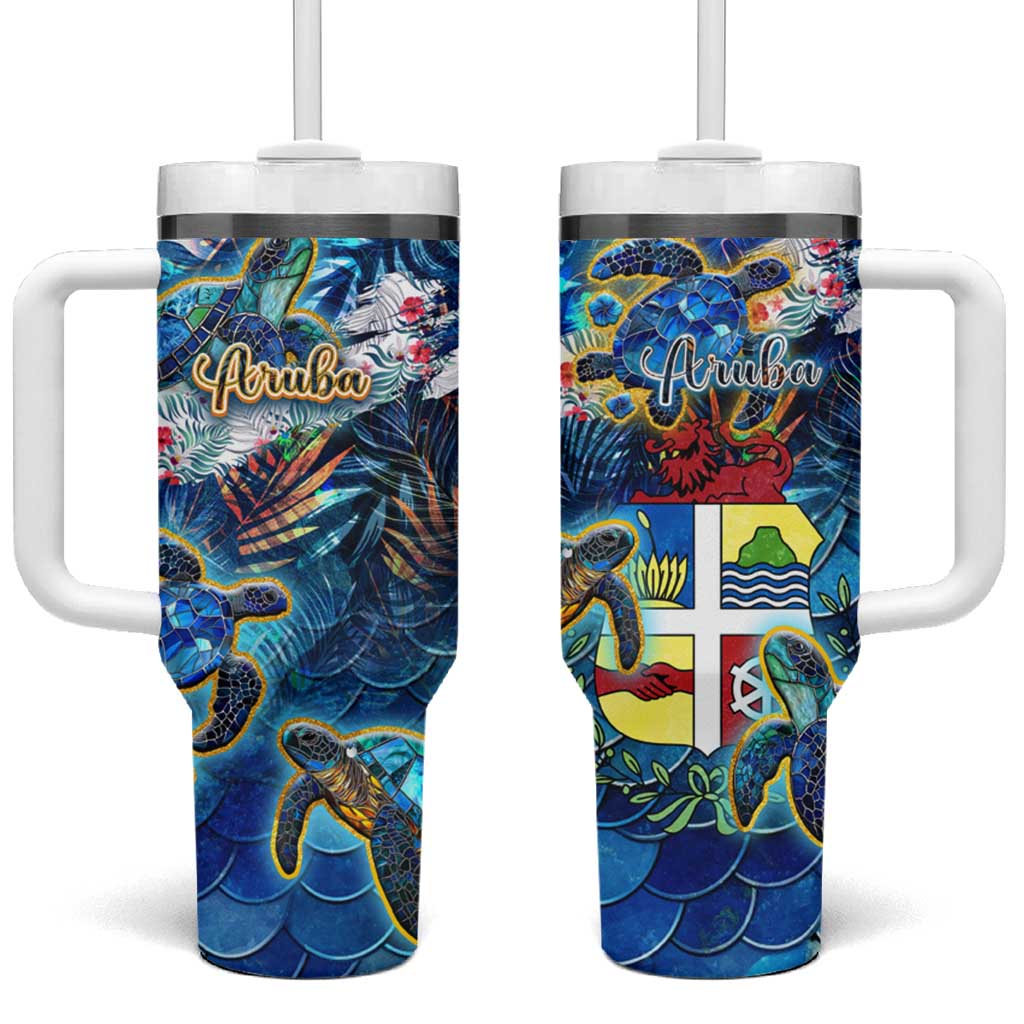 Aruba Tumbler With Handle Sea Turtle Tropical Pattern - Wonder Print Shop
