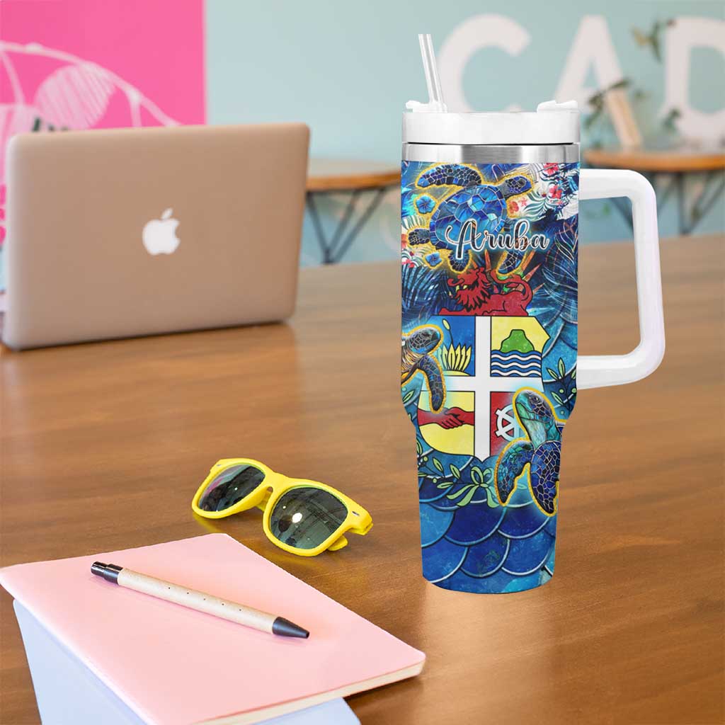 Aruba Tumbler With Handle Sea Turtle Tropical Pattern - Wonder Print Shop