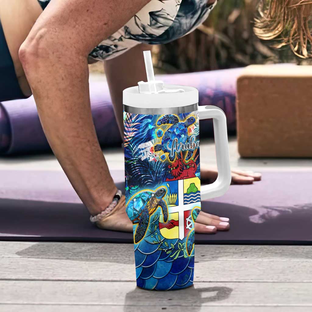 Aruba Tumbler With Handle Sea Turtle Tropical Pattern - Wonder Print Shop