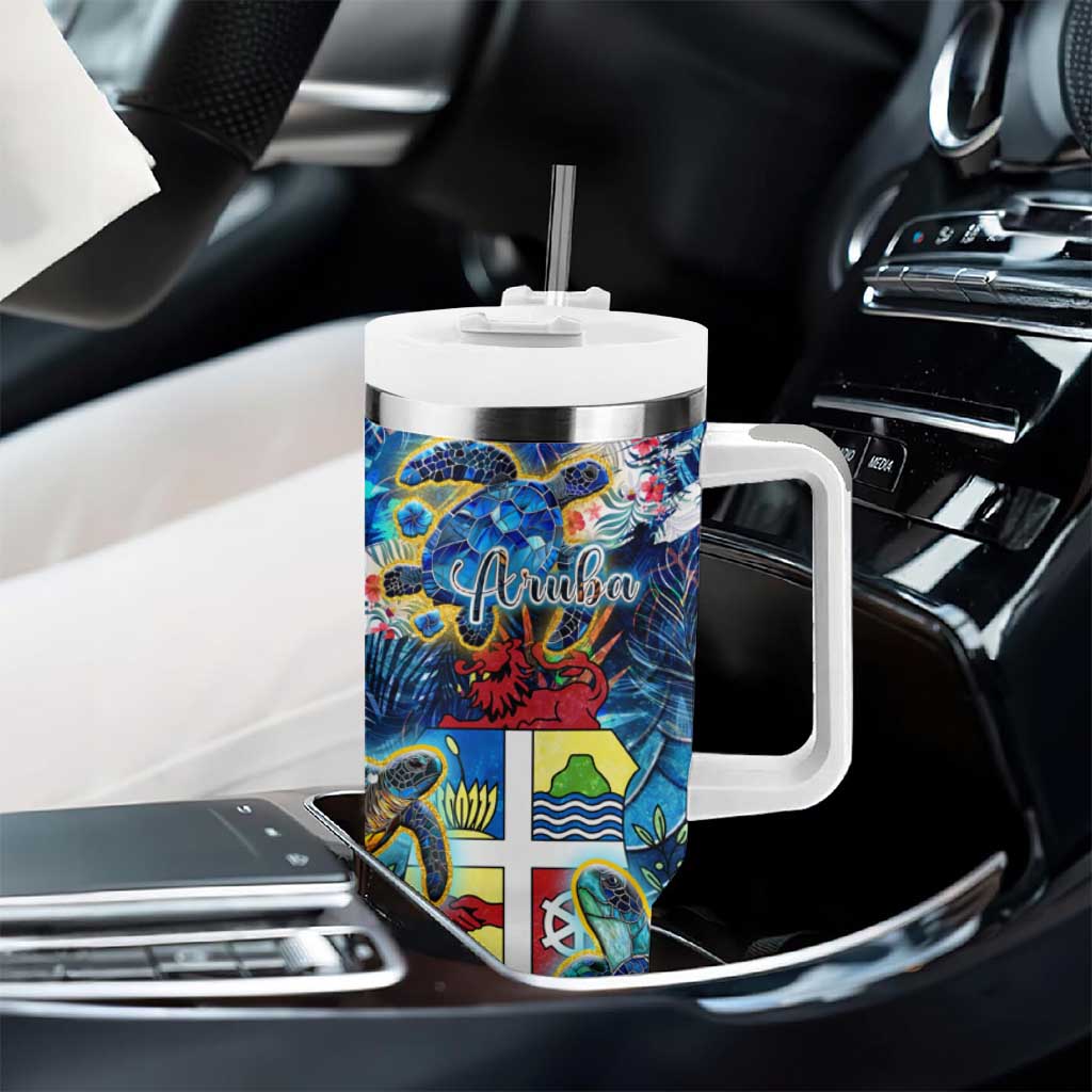 Aruba Tumbler With Handle Sea Turtle Tropical Pattern - Wonder Print Shop