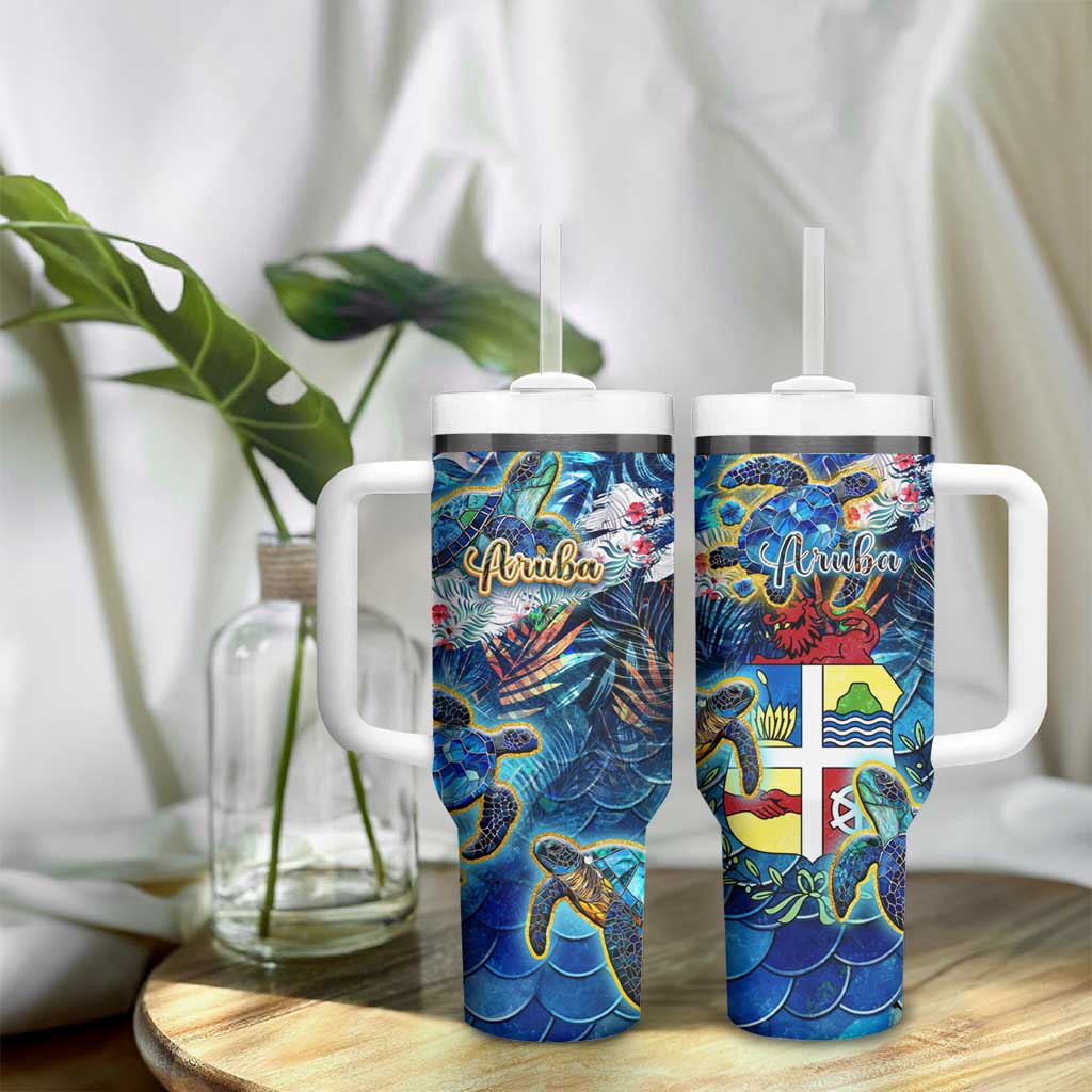 Aruba Tumbler With Handle Sea Turtle Tropical Pattern - Wonder Print Shop