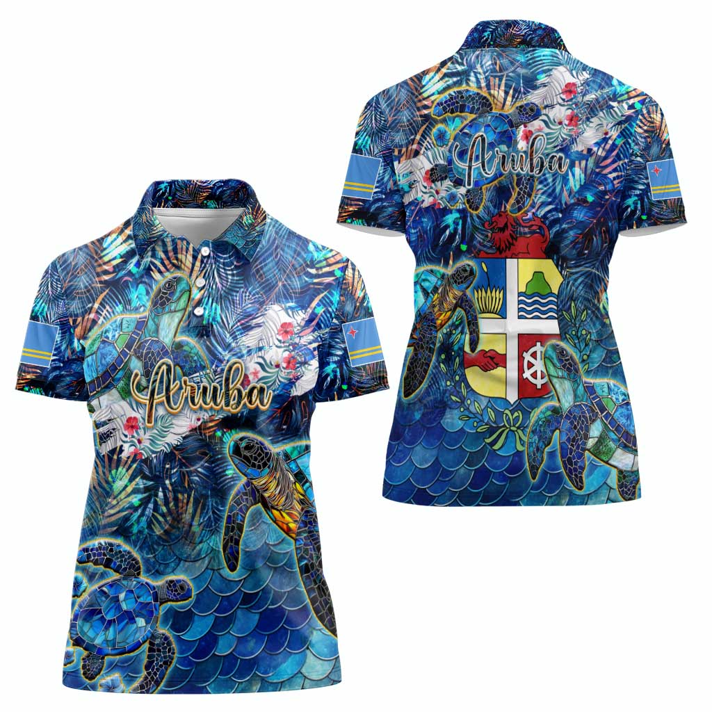 Aruba Women Polo Shirt Sea Turtle Tropical Pattern - Wonder Print Shop