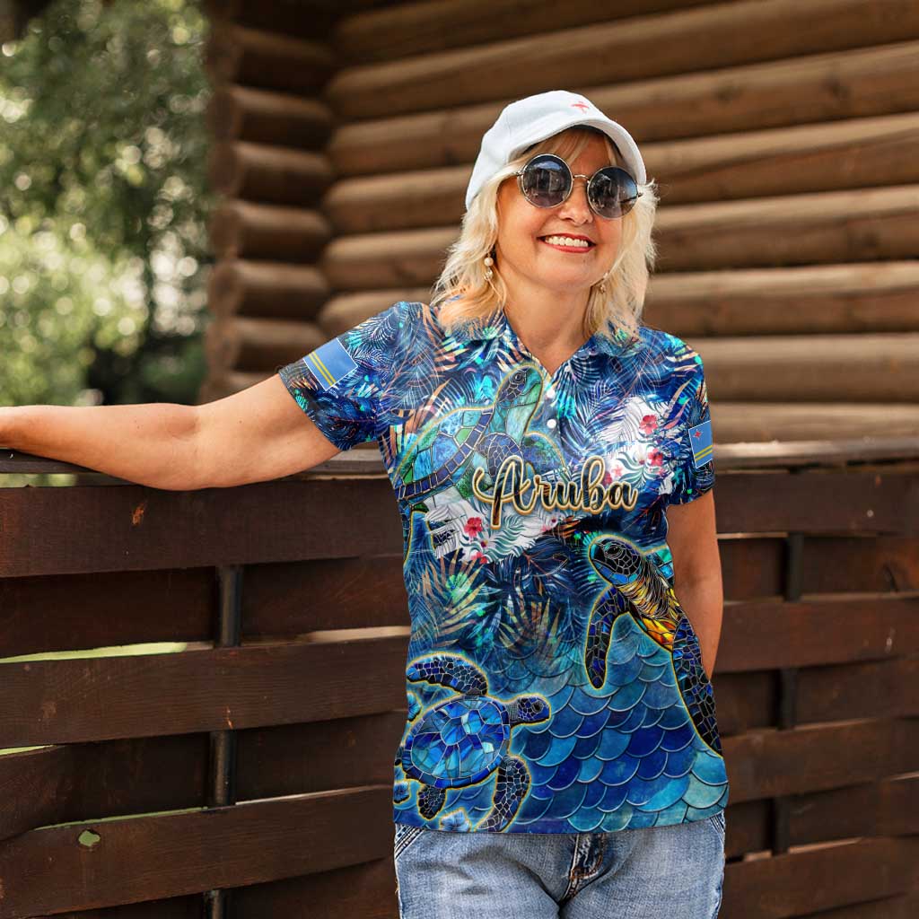 Aruba Women Polo Shirt Sea Turtle Tropical Pattern - Wonder Print Shop