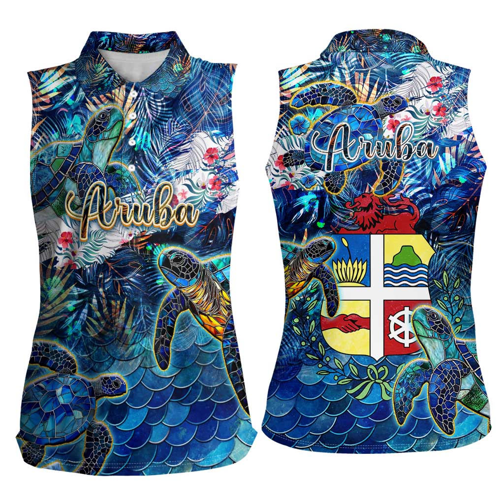 Aruba Women Sleeveless Polo Shirt Sea Turtle Tropical Pattern - Wonder Print Shop