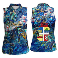 Aruba Women Sleeveless Polo Shirt Sea Turtle Tropical Pattern - Wonder Print Shop