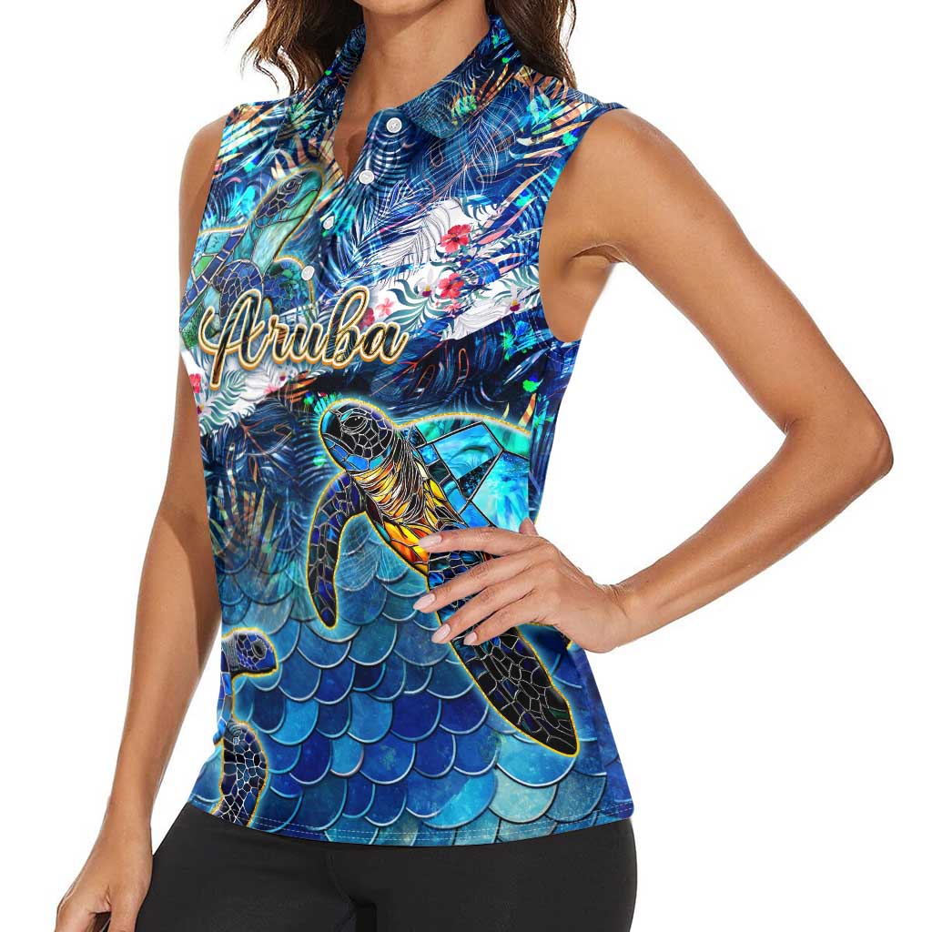 Aruba Women Sleeveless Polo Shirt Sea Turtle Tropical Pattern - Wonder Print Shop