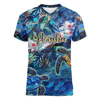 Aruba Women V-Neck T-Shirt Sea Turtle Tropical Pattern - Wonder Print Shop
