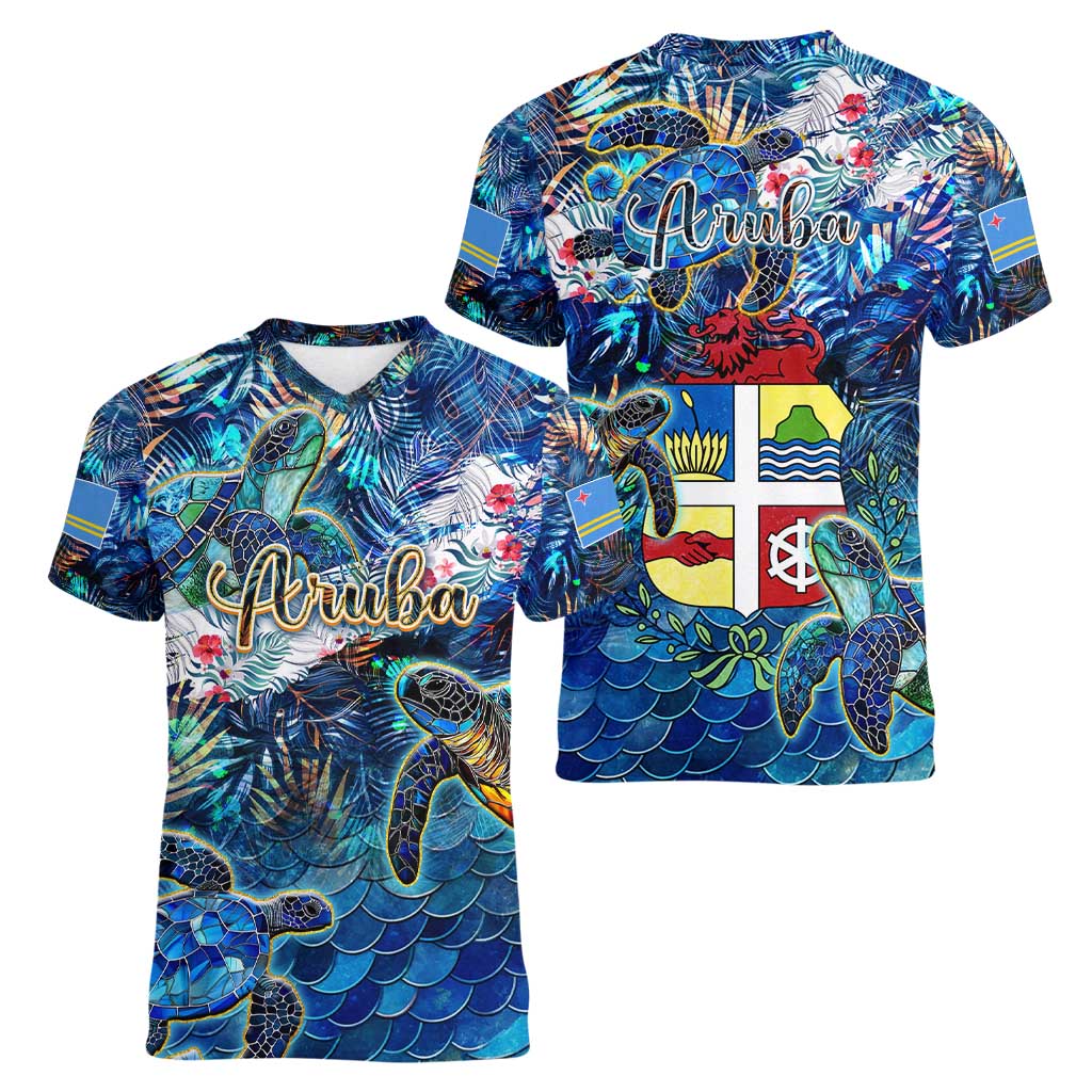 Aruba Women V-Neck T-Shirt Sea Turtle Tropical Pattern - Wonder Print Shop