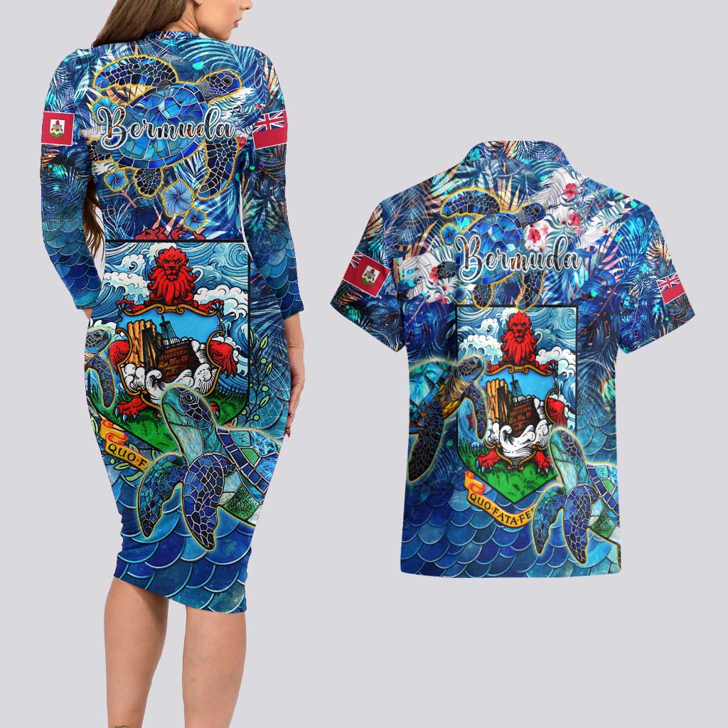 Bermuda Couples Matching Long Sleeve Bodycon Dress and Hawaiian Shirt Sea Turtle Tropical Pattern