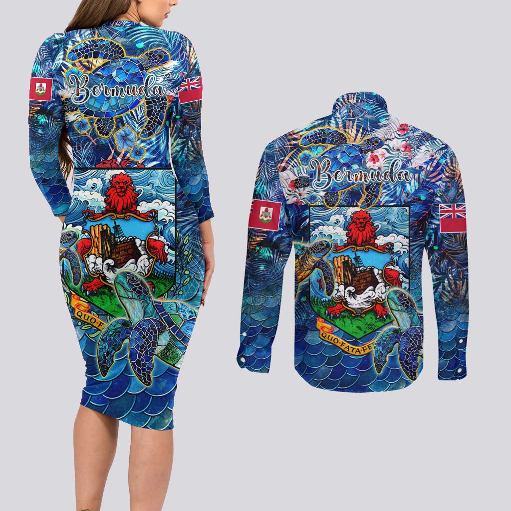 Bermuda Couples Matching Long Sleeve Bodycon Dress and Long Sleeve Button Shirt Sea Turtle Tropical Pattern