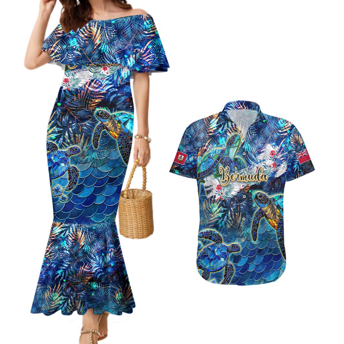 Bermuda Couples Matching Mermaid Dress and Hawaiian Shirt Sea Turtle Tropical Pattern