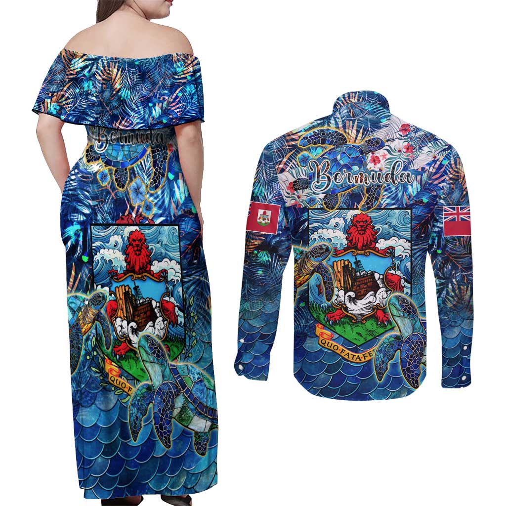 Bermuda Couples Matching Off Shoulder Maxi Dress and Long Sleeve Button Shirt Sea Turtle Tropical Pattern