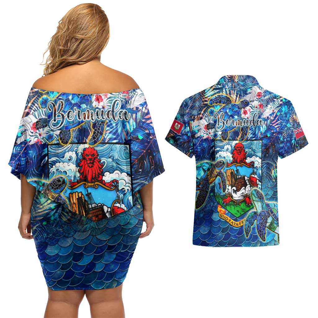 Bermuda Couples Matching Off Shoulder Short Dress and Hawaiian Shirt Sea Turtle Tropical Pattern