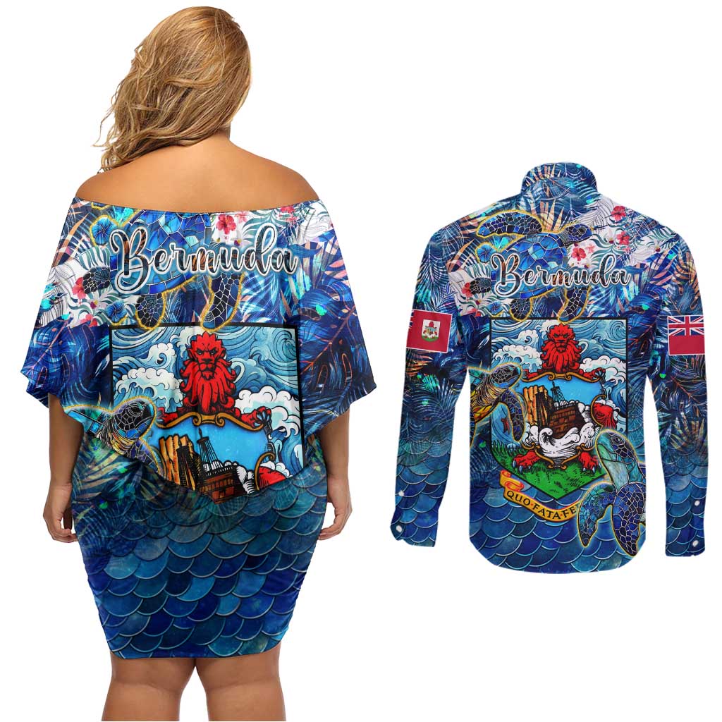 Bermuda Couples Matching Off Shoulder Short Dress and Long Sleeve Button Shirt Sea Turtle Tropical Pattern