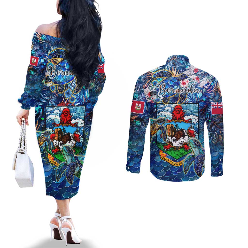 Bermuda Couples Matching Off The Shoulder Long Sleeve Dress and Long Sleeve Button Shirt Sea Turtle Tropical Pattern