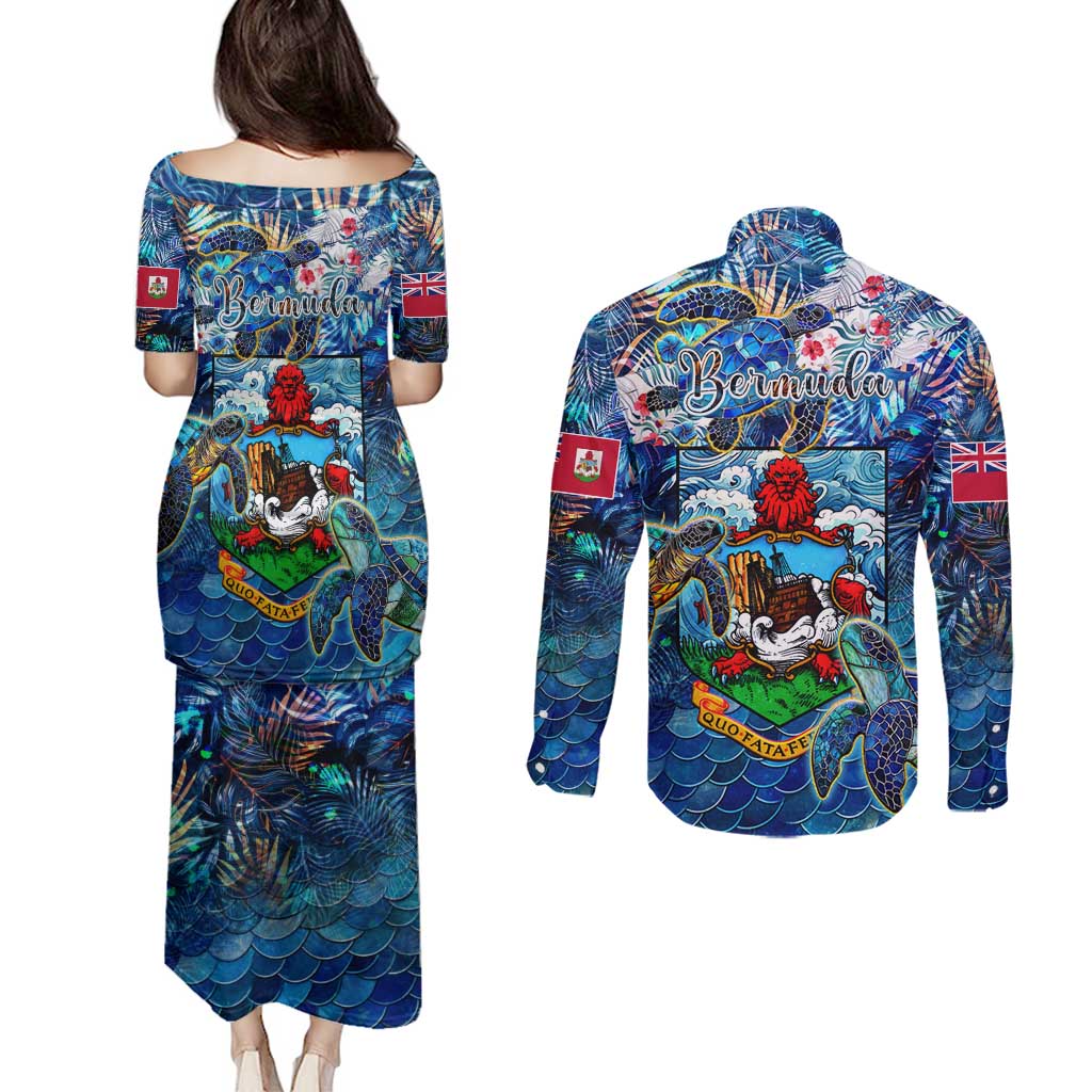 Bermuda Couples Matching Puletasi and Long Sleeve Button Shirt Sea Turtle Tropical Pattern