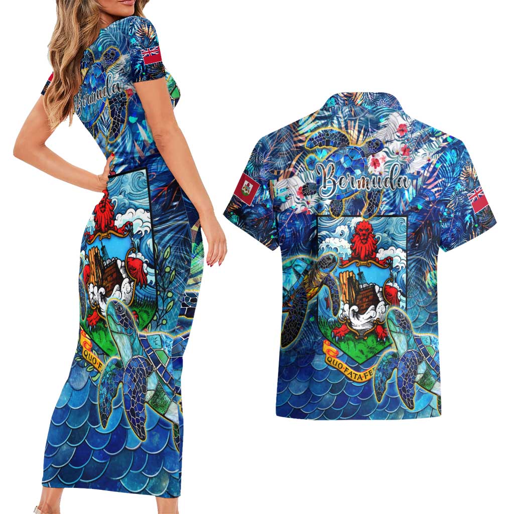 Bermuda Couples Matching Short Sleeve Bodycon Dress and Hawaiian Shirt Sea Turtle Tropical Pattern