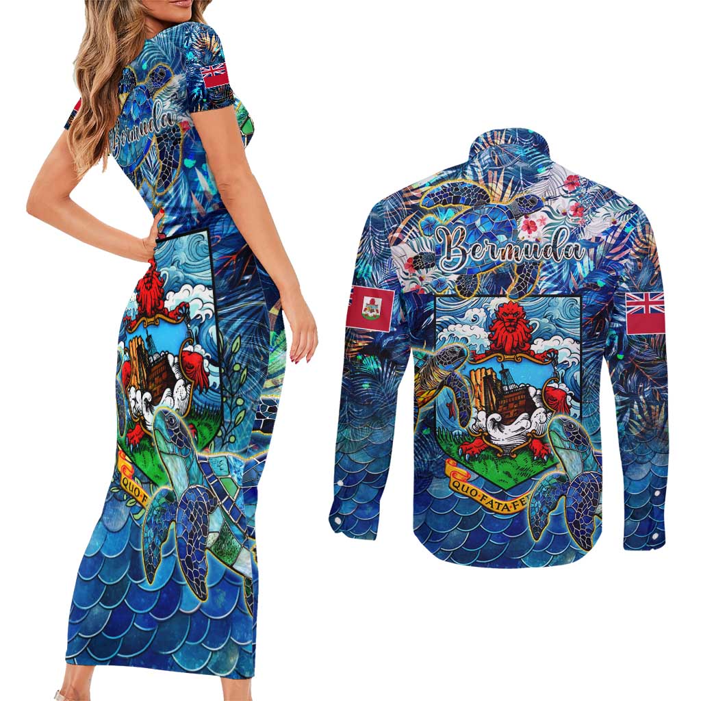 Bermuda Couples Matching Short Sleeve Bodycon Dress and Long Sleeve Button Shirt Sea Turtle Tropical Pattern