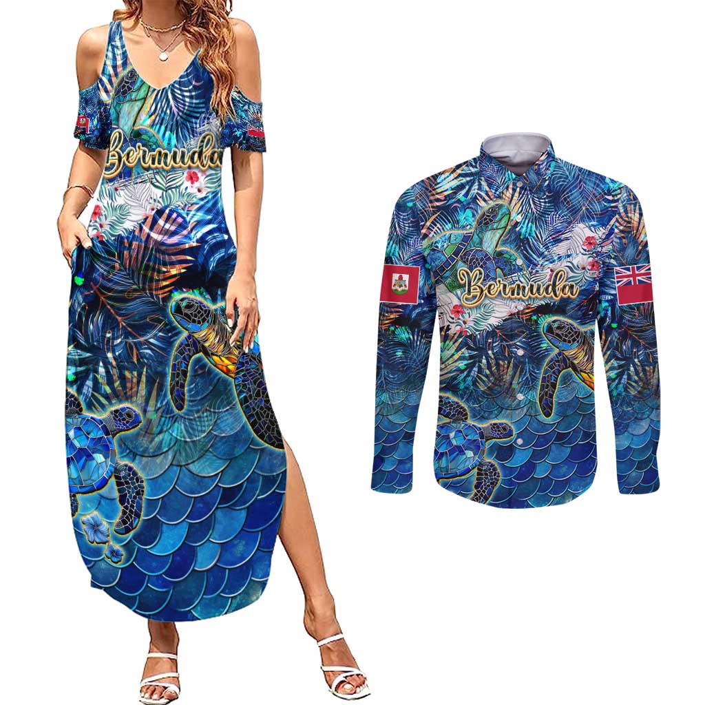 Bermuda Couples Matching Summer Maxi Dress and Long Sleeve Button Shirt Sea Turtle Tropical Pattern