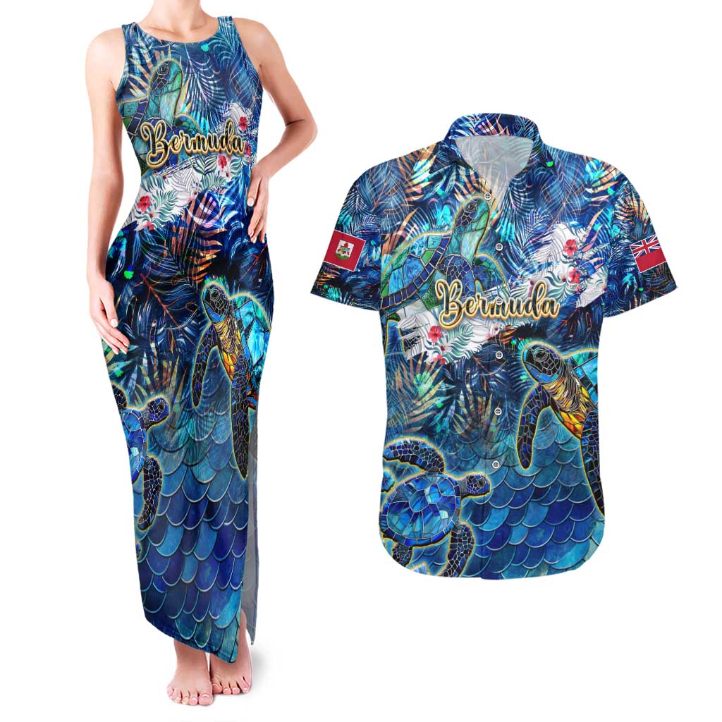 Bermuda Couples Matching Tank Maxi Dress and Hawaiian Shirt Sea Turtle Tropical Pattern