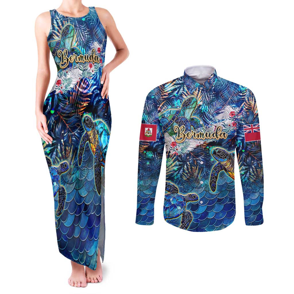 Bermuda Couples Matching Tank Maxi Dress and Long Sleeve Button Shirt Sea Turtle Tropical Pattern