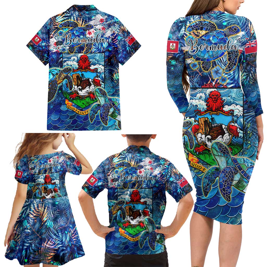Bermuda Family Matching Long Sleeve Bodycon Dress and Hawaiian Shirt Sea Turtle Tropical Pattern