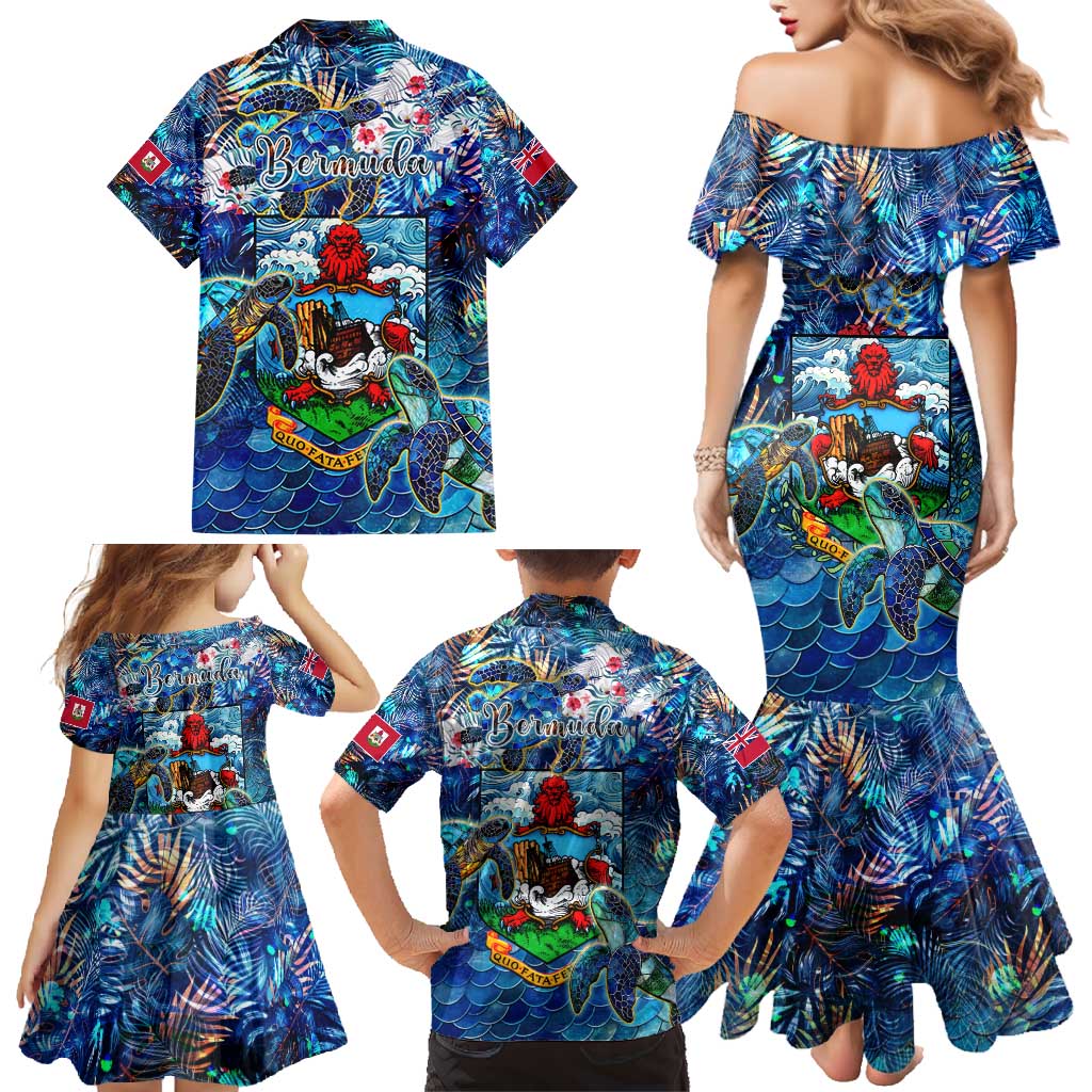Bermuda Family Matching Mermaid Dress and Hawaiian Shirt Sea Turtle Tropical Pattern