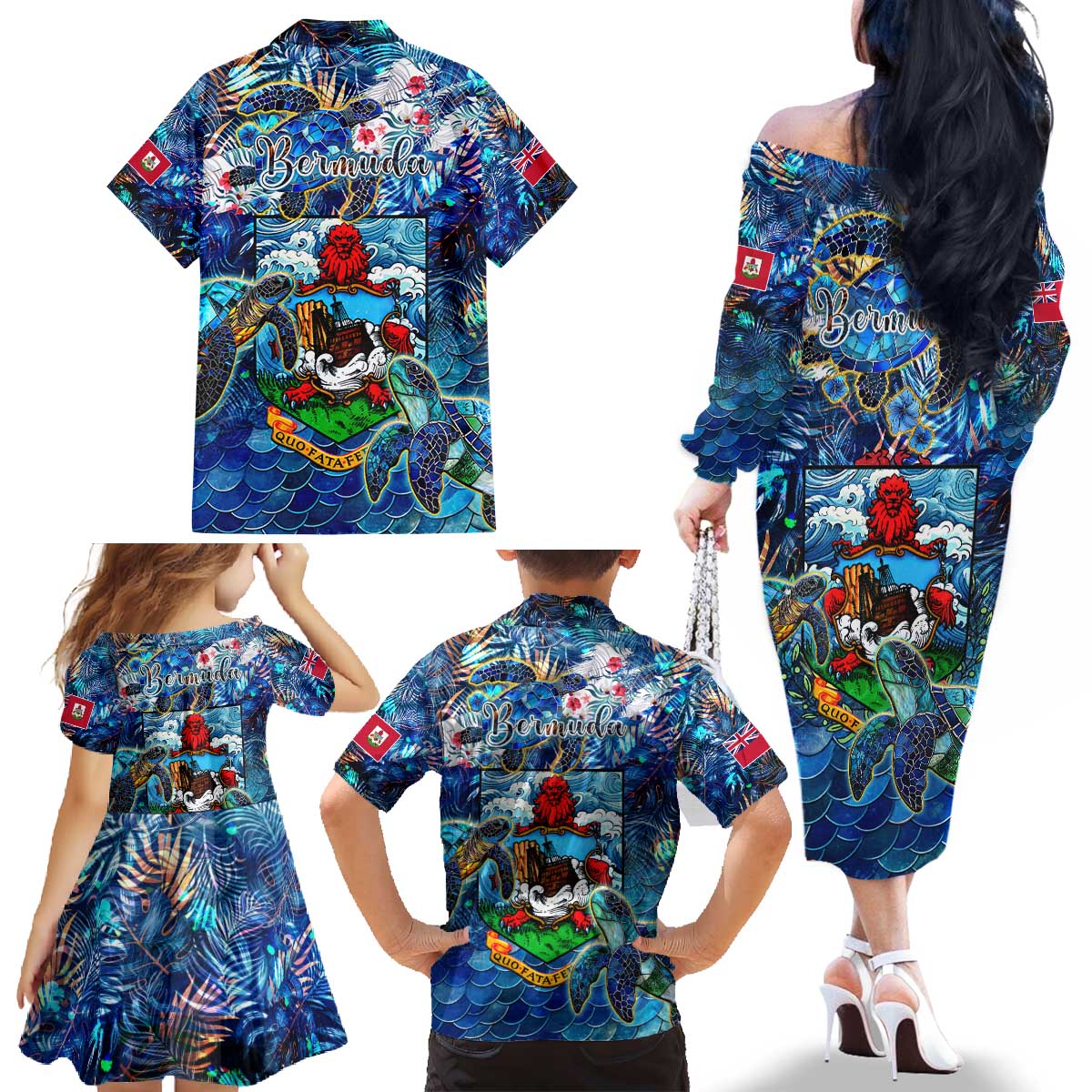 Bermuda Family Matching Off The Shoulder Long Sleeve Dress and Hawaiian Shirt Sea Turtle Tropical Pattern