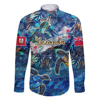 Bermuda Family Matching Off The Shoulder Long Sleeve Dress and Hawaiian Shirt Sea Turtle Tropical Pattern