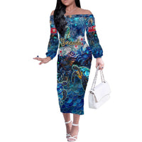 Bermuda Family Matching Off The Shoulder Long Sleeve Dress and Hawaiian Shirt Sea Turtle Tropical Pattern