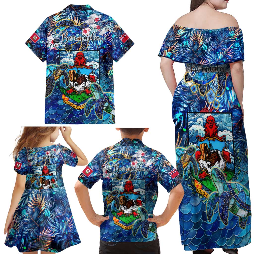 Bermuda Family Matching Off Shoulder Maxi Dress and Hawaiian Shirt Sea Turtle Tropical Pattern