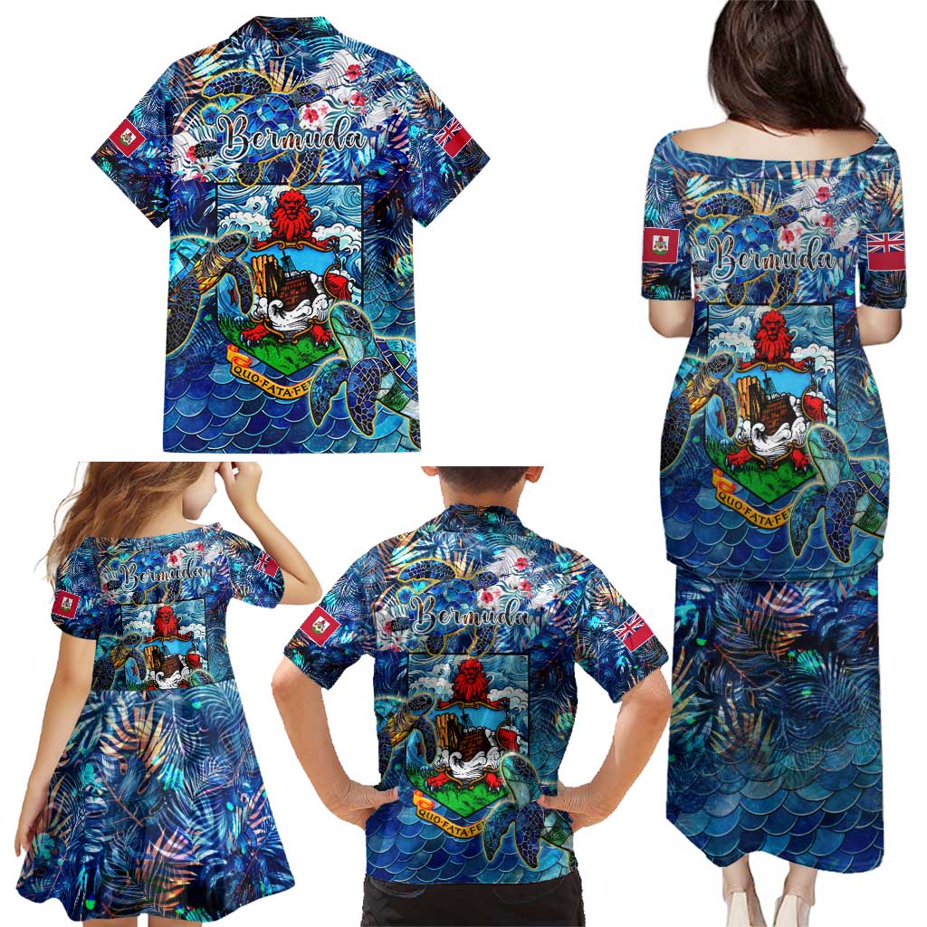 Bermuda Family Matching Puletasi and Hawaiian Shirt Sea Turtle Tropical Pattern