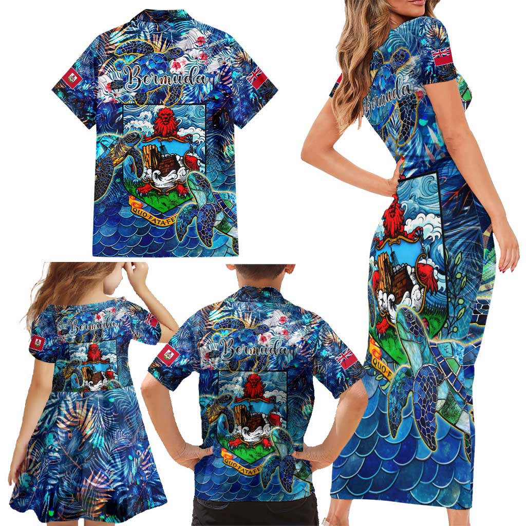 Bermuda Family Matching Short Sleeve Bodycon Dress and Hawaiian Shirt Sea Turtle Tropical Pattern - Wonder Print Shop