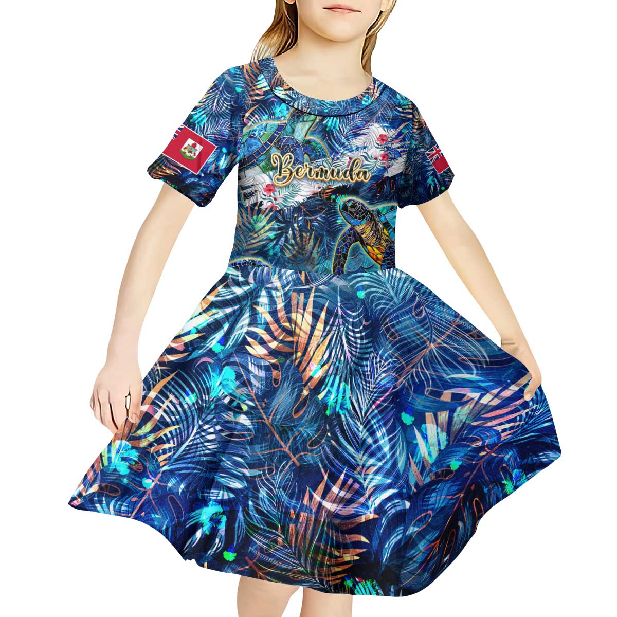 Bermuda Kid Short Sleeve Dress Sea Turtle Tropical Pattern - Wonder Print Shop