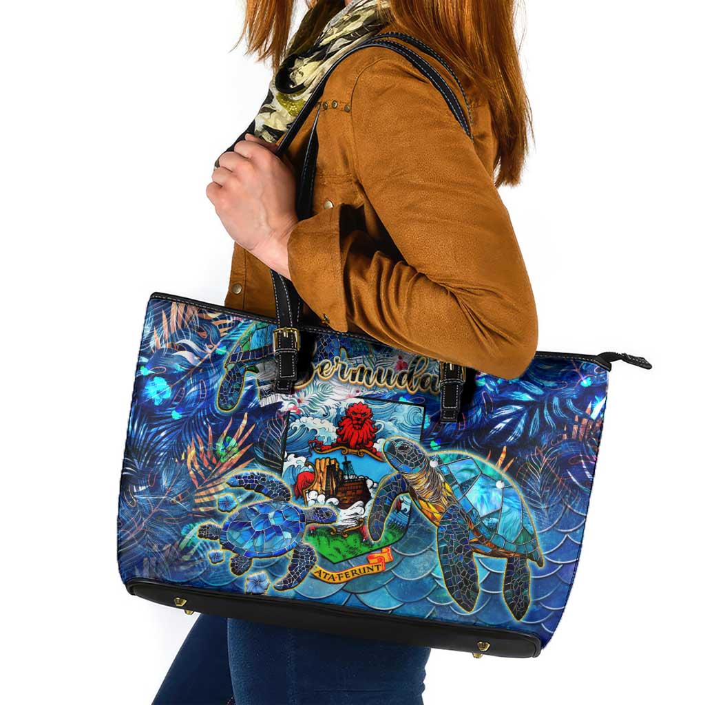 Bermuda Leather Tote Bag Sea Turtle Tropical Pattern