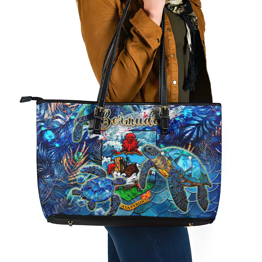 Bermuda Leather Tote Bag Sea Turtle Tropical Pattern