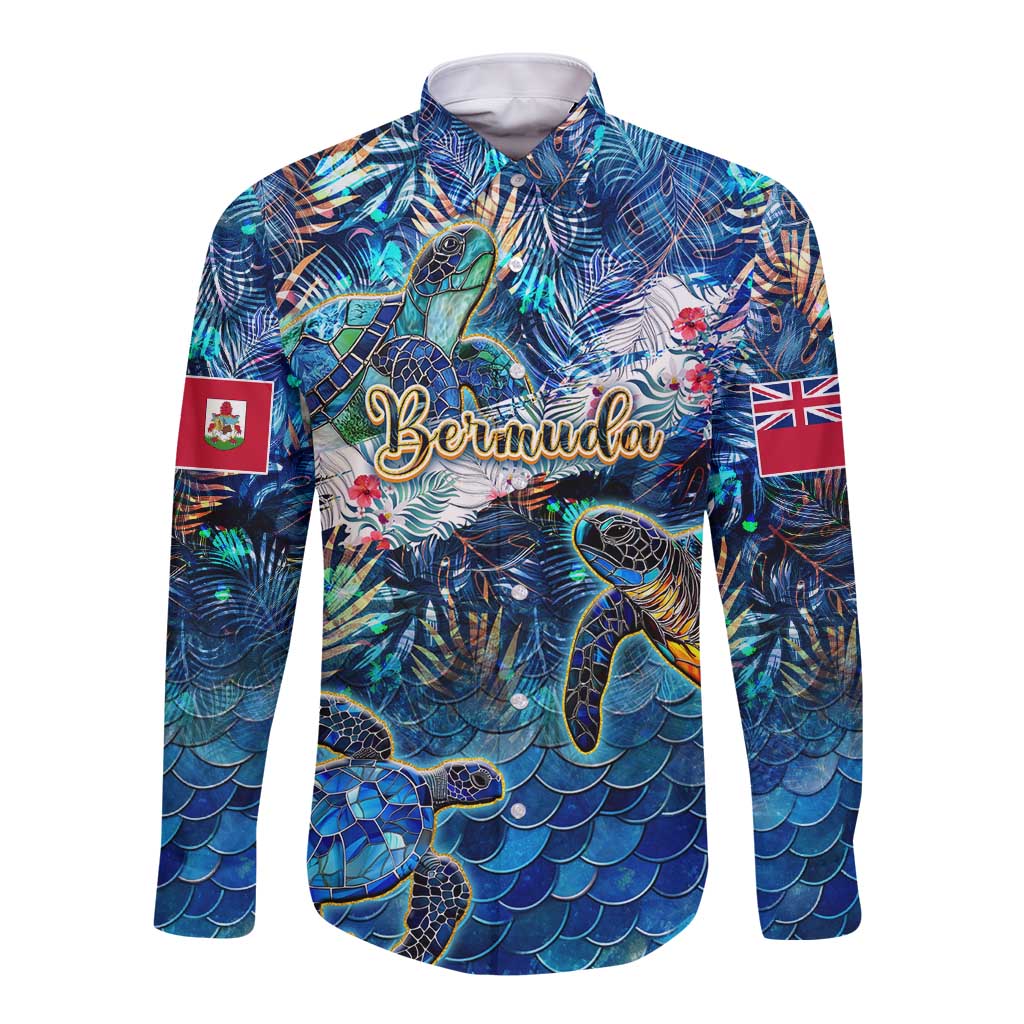 Bermuda Long Sleeve Button Shirt Sea Turtle Tropical Pattern