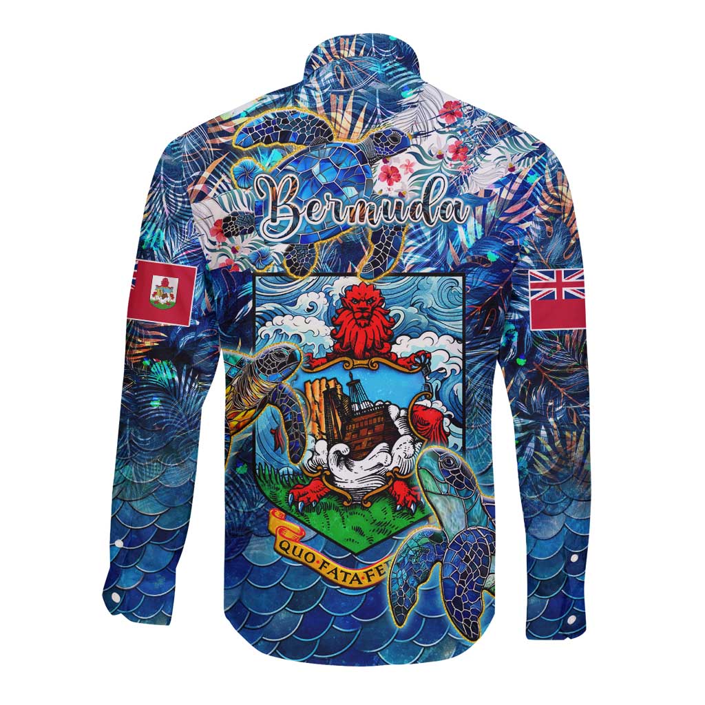 Bermuda Long Sleeve Button Shirt Sea Turtle Tropical Pattern