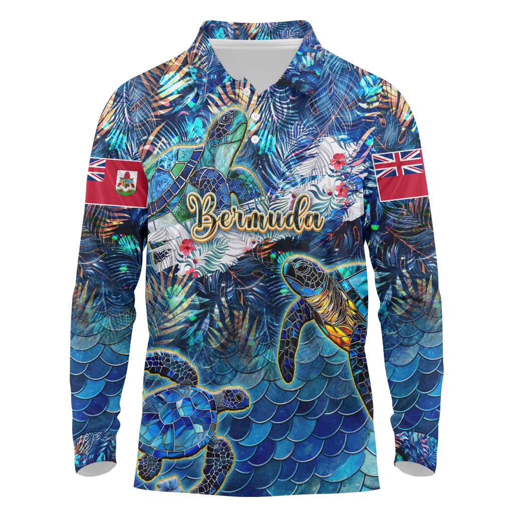 Bermuda Long Sleeve Polo Shirt Sea Turtle Tropical Pattern - Wonder Print Shop