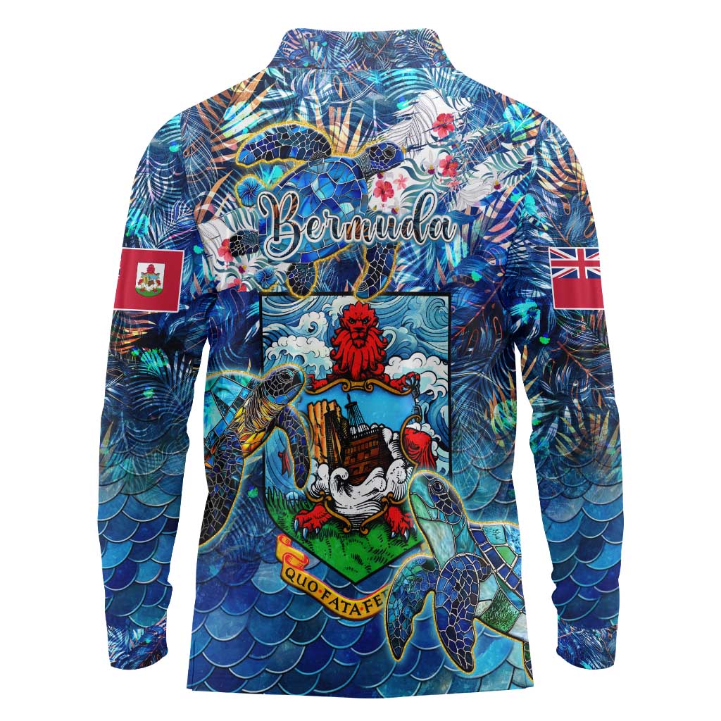 Bermuda Long Sleeve Polo Shirt Sea Turtle Tropical Pattern - Wonder Print Shop