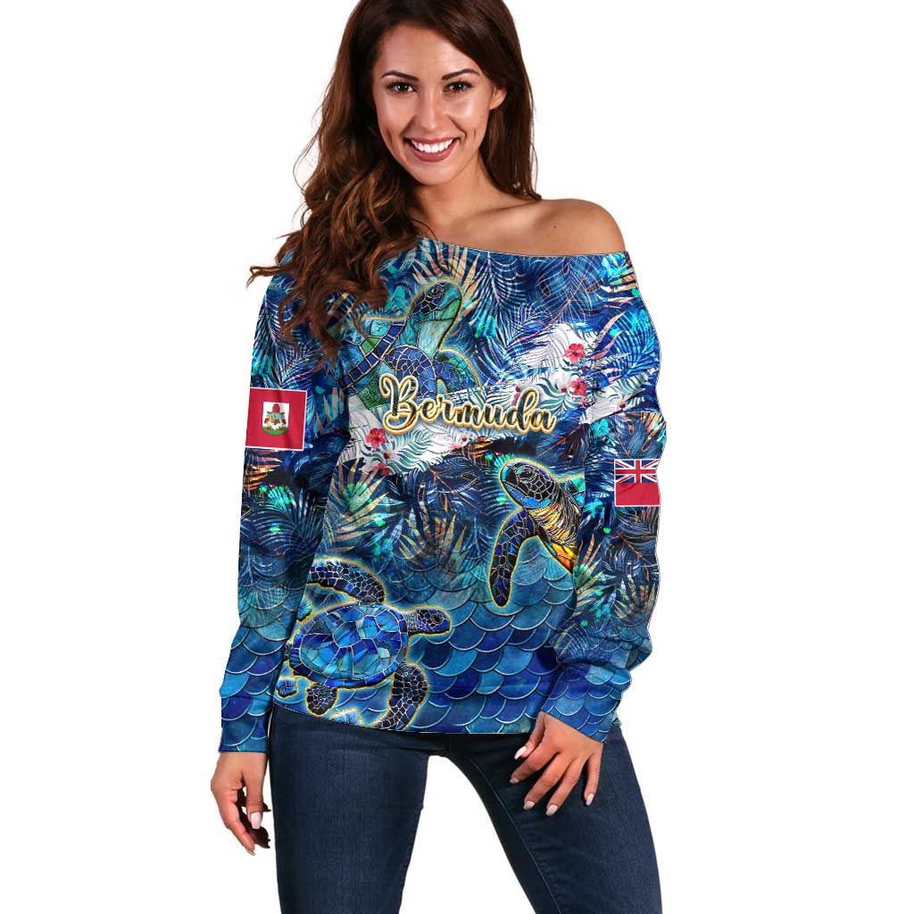 Bermuda Off Shoulder Sweater Sea Turtle Tropical Pattern - Wonder Print Shop