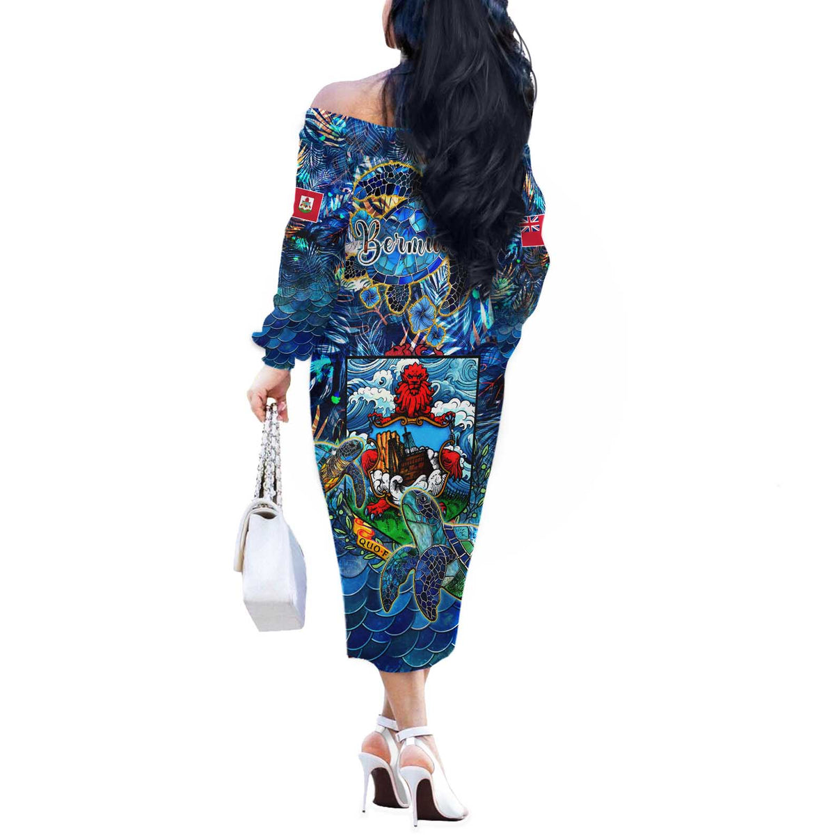 Bermuda Off The Shoulder Long Sleeve Dress Sea Turtle Tropical Pattern - Wonder Print Shop