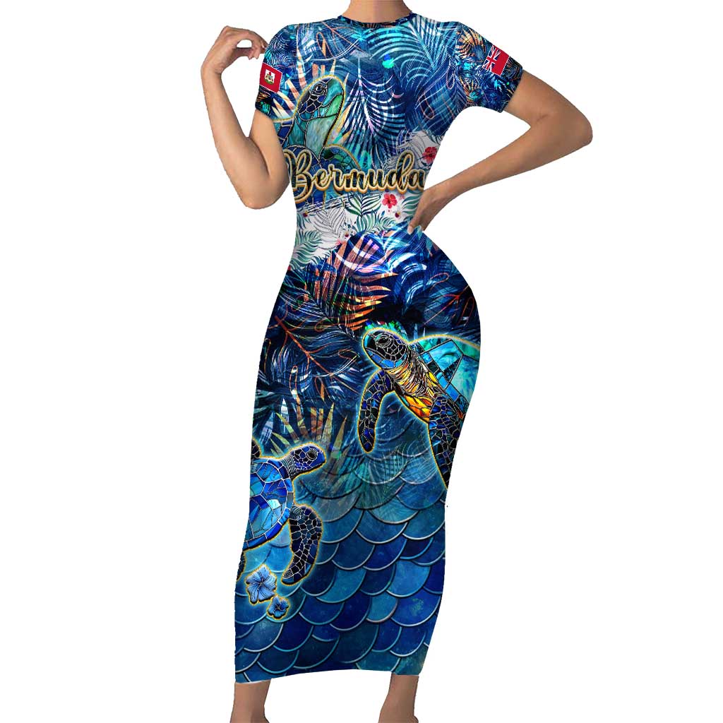 Bermuda Short Sleeve Bodycon Dress Sea Turtle Tropical Pattern - Wonder Print Shop