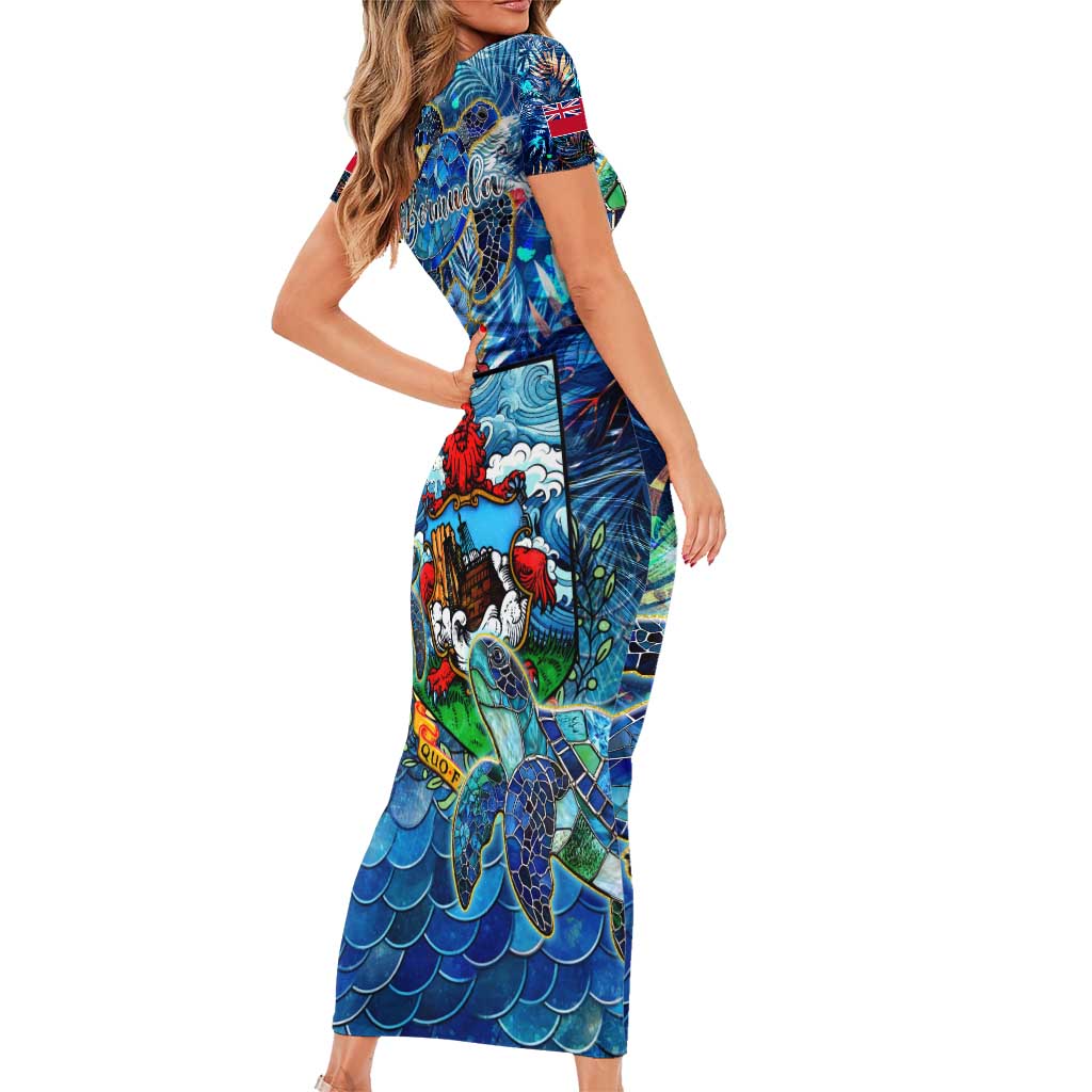 Bermuda Short Sleeve Bodycon Dress Sea Turtle Tropical Pattern - Wonder Print Shop