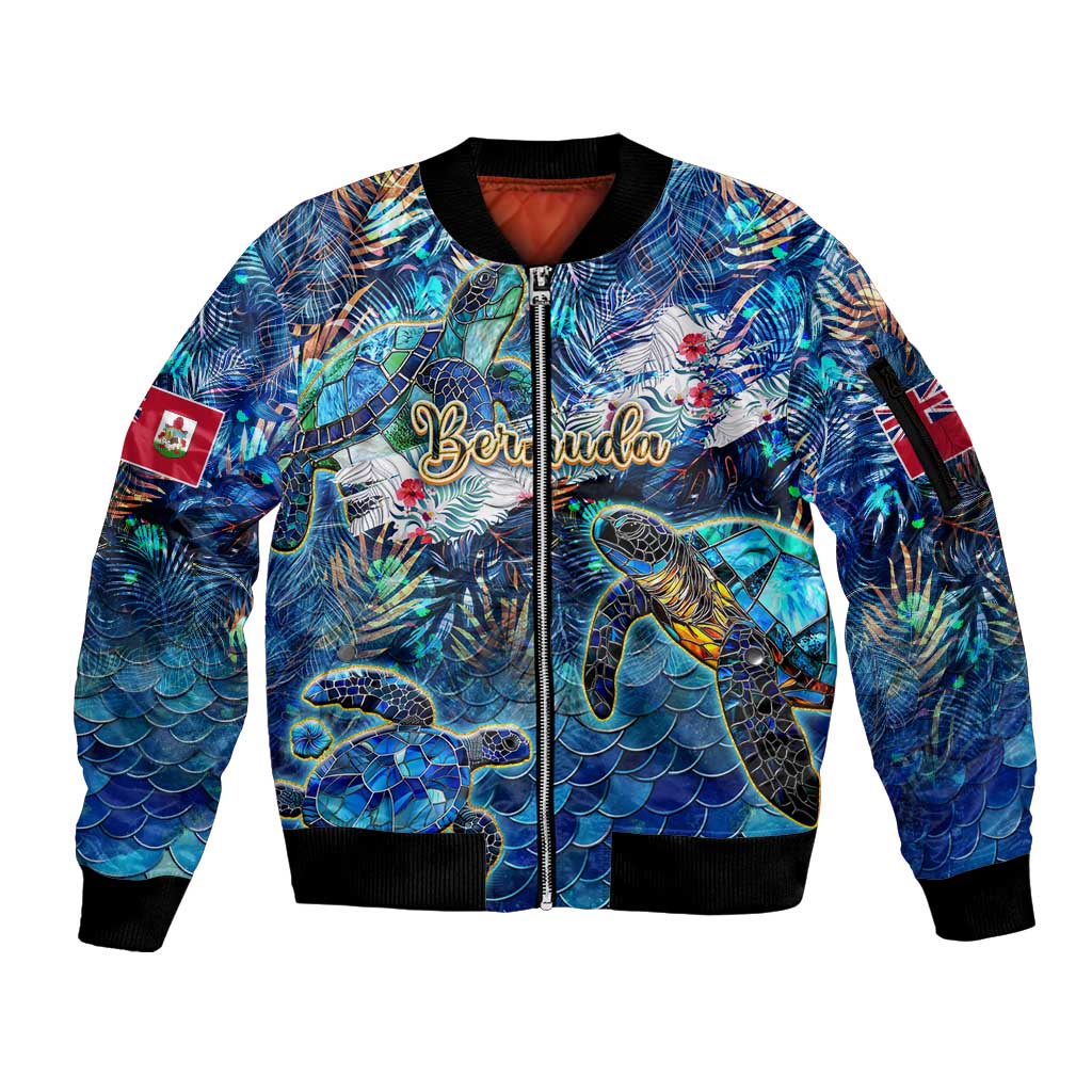 Bermuda Sleeve Zip Bomber Jacket Sea Turtle Tropical Pattern - Wonder Print Shop